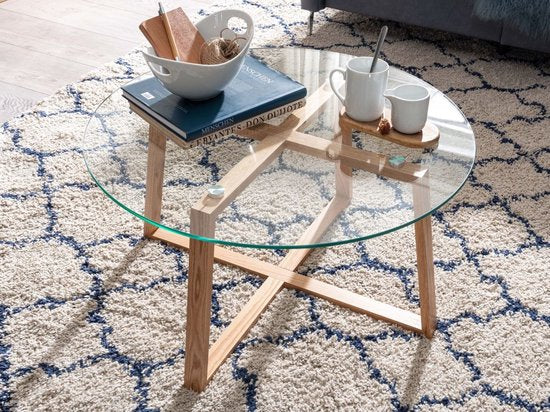 salontafel 78x78x41 cm massief eiken salontafel / rond glas | Design salontafel modern | Houten tafel, kamertafel, groot | Salontafel tafel woonkamer echt hout