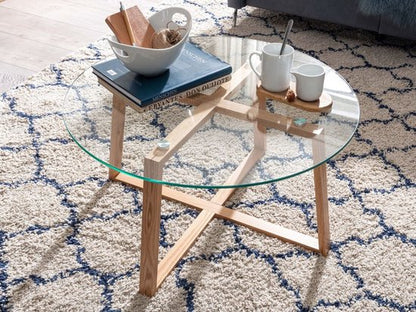 salontafel 78x78x41 cm massief eiken salontafel / rond glas | Design salontafel modern | Houten tafel, kamertafel, groot | Salontafel tafel woonkamer echt hout