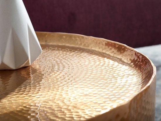 salontafel aluminium goud 60x60x35 cm woonkamertafel gehamerd | Design salontafel rond aluminium oosters | Ronde metalen salontafel klein