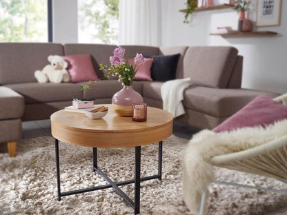 design salontafel rond Ã˜ 69 cm met eiken look tafel met opbergruimte Lounge woonkamer tafel met metalen poten MDF bijzettafel