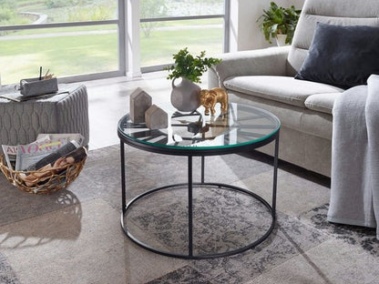 Koffietafel Glas en Metaal 60x60x43 cm Salontafel Zwart met Sierklok | Tafel Woonkamer Rond | Woonkamertafel Modern | Kleine Bijzettafel