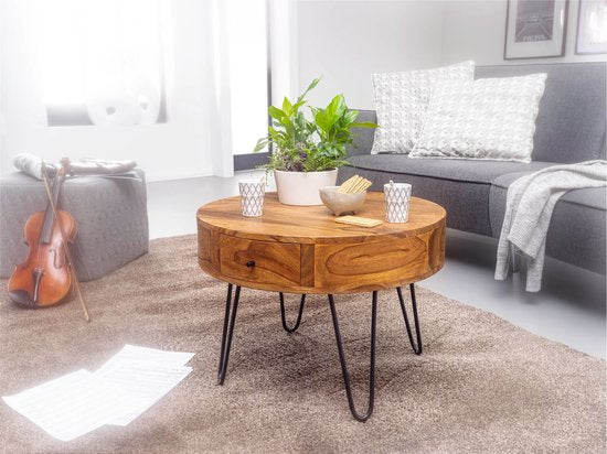 tafel Sheesham massief hout / metaal 60x44.5x60 cm tafel woonkamer | Design bijzettafeltje met laden Kleine salontafel rond bruin