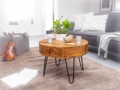tafel Sheesham massief hout / metaal 60x44.5x60 cm tafel woonkamer | Design bijzettafeltje met laden Kleine salontafel rond bruin
