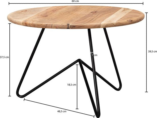 salontafel 60x39,5x60 cm acacia massief houten / metalen salontafel | Design woonkamer tafel rond | Massieve salontafel | Kleine tafel woonkamer