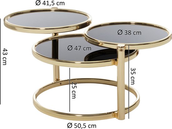 salontafel SUSI met 3 tafelbladen Zwart / Goud 58 x 43 x 58 cm | Bijzettafel rond | Ontwerp salontafel glas / metaal | Designtafel met glazen tafel modern | Kleine salontafel