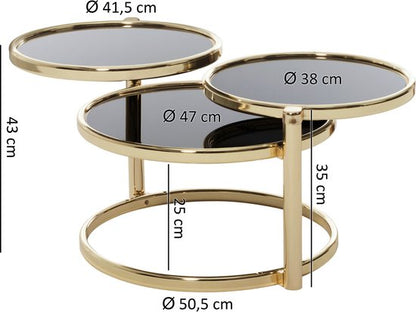 salontafel SUSI met 3 tafelbladen Zwart / Goud 58 x 43 x 58 cm | Bijzettafel rond | Ontwerp salontafel glas / metaal | Designtafel met glazen tafel modern | Kleine salontafel