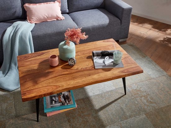 Coffee Table Solid Sheesham Wood and Metal 110x60x40 cm Coffee Table Brown | Square Living Room Table Modern with Live Edge | Low Side Table Living Room Table
