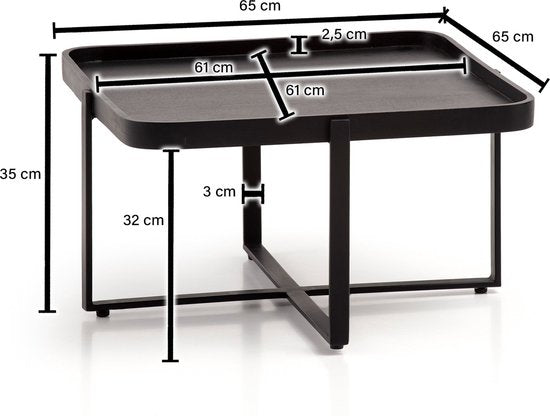 Salontafel 65x65x35 cm Mango Massief Hout / Metaal Zwart Sofa Tafel Vierkant | Design woonkamertafel met opstaande rand | IndustriÃ«le salontafel woonkamer met afgeronde hoeken