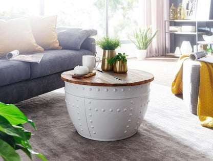 coffee table Mango 60x36x60 cm solid wood metal white industrial round | Design coffee table with storage space | Lounge table sofa table modern