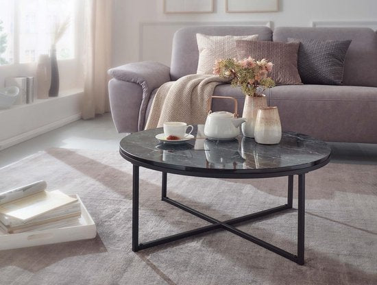 salontafel 80x36x80 cm met zwart marmerlook | Salontafel met metalen frame | Salontafel ronde tafel woonkamer | Zijtafel