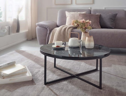 salontafel 80x36x80 cm met zwart marmerlook | Salontafel met metalen frame | Salontafel ronde tafel woonkamer | Zijtafel