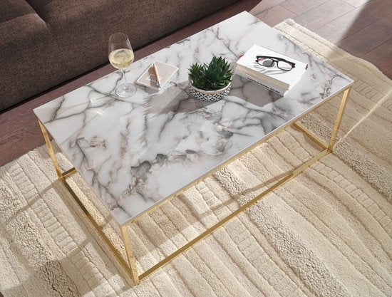 Coffee Table 100x60x40 cm with Marble Look White / Gold Rectangular Coffee Table | Living Room Table Modern | Low Side Table Living Room Table