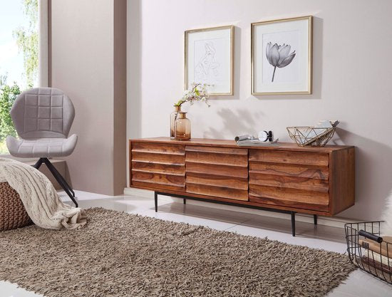 HiFi Lowboard WL5.636 Sheesham massief houten landhuis TV-dressoir 147x50x38cm | TV-meubel Onderkast met 3 deuren | Opbergvak voor tv-tafel | TV-meubel voor tv