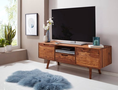 HiFi lowboard AMANA Sheesham massief houten landelijke TV-dressoir 135x51x45cm | TV-kast Onderkast met lade en 2 deuren | Opbergvak voor tv-tafel | TV-meubel voor tv