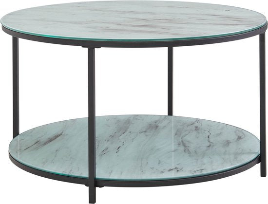 Koffietafel Glazen en Metaal 80x80x45 cm met Marmer Look Wit / Zwart | Ronde Salontafel | Tafel Woonkamer Moderne met Opbergruimte | Lage Bijzettafel Woonkamertafel