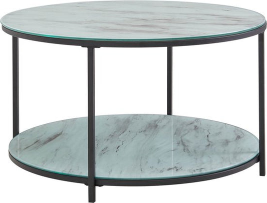 Koffietafel Glazen en Metaal 80x80x45 cm met Marmer Look Wit / Zwart | Ronde Salontafel | Tafel Woonkamer Moderne met Opbergruimte | Lage Bijzettafel Woonkamertafel