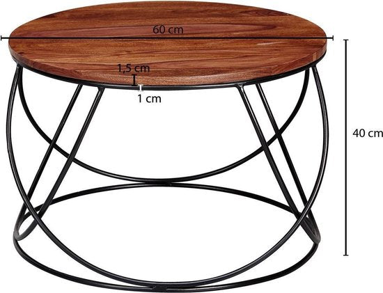 salontafel sheesham massief hout / metaal 60 x 40 x 60 cm | Salontafel rond massief bruin | Salontafel Moderne houten tafel | Tafel woonkamer industrieel