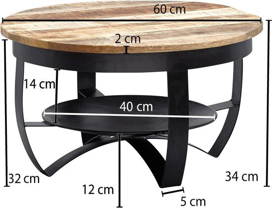 salontafel 60x34x60 cm Mango massief hout / metaal Industrieel zwart rond | Salontafel Salontafel massief | Kleine tafel salontafel woonkamer