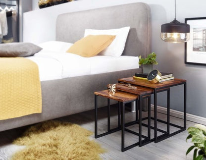 Sky Style- Set van 3 Sheesham Massief Hout / Metalen Bijzettafel Vierkant Modern | Design Salontafel 3-Delig | Woonkamer Tafels Ruimtebesparend | Houten Tafel Set Woonkamer Tafels