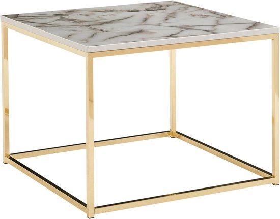 Koffietafel 60x60x45 cm met Marmer Look Wit / Goud Vierkante Salontafel | Tafel Woonkamer Moderne | Kleine Bijzettafel Woonkamertafel