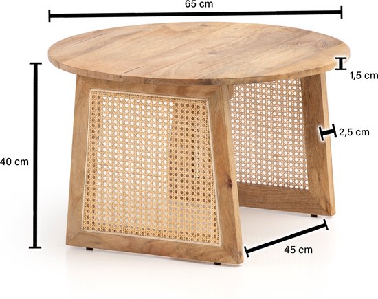 Salontafel 65x65x40 cm Mango Massief Hout / Rotan Bruin Banktafel Rond | Design woonkamertafel Weens vlechtwerk | Salontafel woonkamer modern