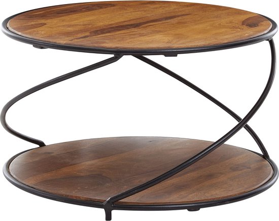 coffee table 58x58x35 cm solid sheesham wood / metal coffee table round | Designer coffee table solid | Small side table living room modern with storage