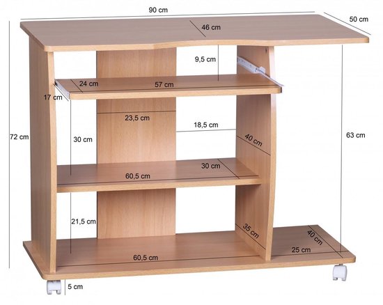 computertafel DIANA oprolbaar Beech 90 x 71 x 50 cm met toetsenbordplateau | Laptop tafel op wieltjes | Pc-tafel met ruimtebesparende printer tray | Bureau voor kleine ruimtes