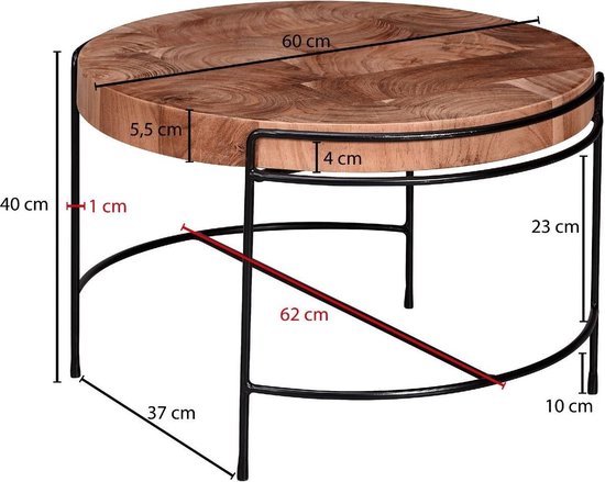salontafel 62x40x62 cm salontafel acacia massief hout / metaal | Ronde salontafel met metalen poten | Kleine design tafel massief | Houten tafel woonkamer industrieel