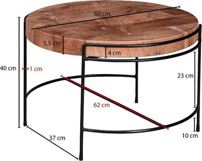salontafel 62x40x62 cm salontafel acacia massief hout / metaal | Ronde salontafel met metalen poten | Kleine design tafel massief | Houten tafel woonkamer industrieel