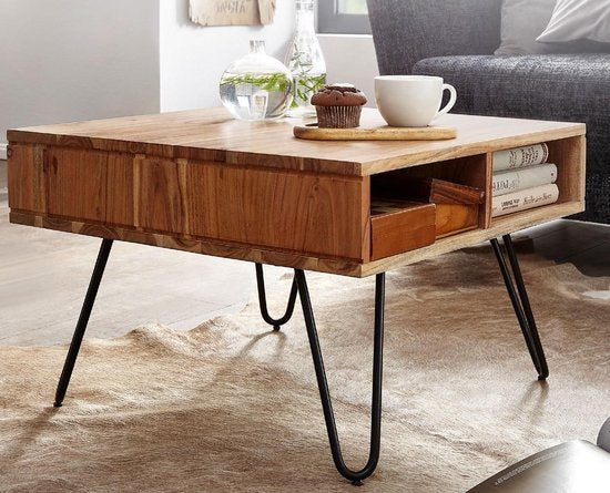 salontafel 60x40x60 cm acacia massief hout / metalen design salontafel hoekig | Houten tafel met opbergruimte | Salontafel hout vierkant bruin