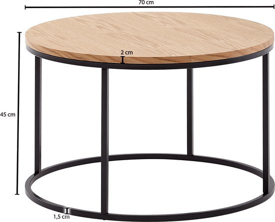 salontafel 70x70x45 cm salontafel hout / metaal woonkamertafel eiken | Design kamertafel modern rond | Houten tafel salontafel | Tafel woonkamer