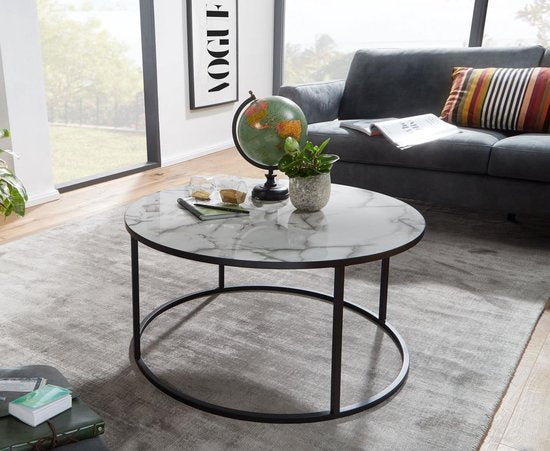 salontafel rond 80x40x80 cm met marmerlook wit | Salontafel met zwart metalen frame | Moderne decoratieve tafel