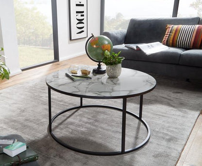 salontafel rond 80x40x80 cm met marmerlook wit | Salontafel met zwart metalen frame | Moderne decoratieve tafel