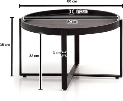 Salontafel 60x60x35 cm Mango Massief Hout / Metaal Zwart Salontafel Rond | Design woonkamertafel met opstaande rand | IndustriÃ«le salontafel woonkamer modern