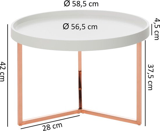 salontafel EVA 58,5x42x58,5cm wit / koperen salontafel metaal rond | Design retro salontafel modern | Kleine loungetafel met metalen frame | Ronde dienbladlijst met houten plaat