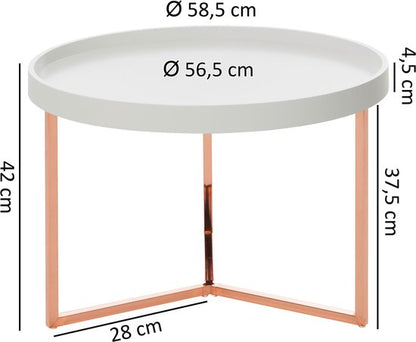 salontafel EVA 58,5x42x58,5cm wit / koperen salontafel metaal rond | Design retro salontafel modern | Kleine loungetafel met metalen frame | Ronde dienbladlijst met houten plaat