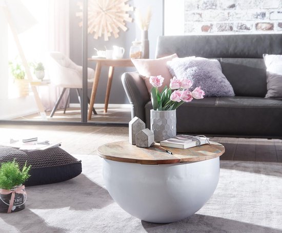 salontafel Mango 60x34x60 cm massief houten metalen tafel wit industrieel rond | Design salontafel met opbergruimte | Lounge tafel sofa tafel modern