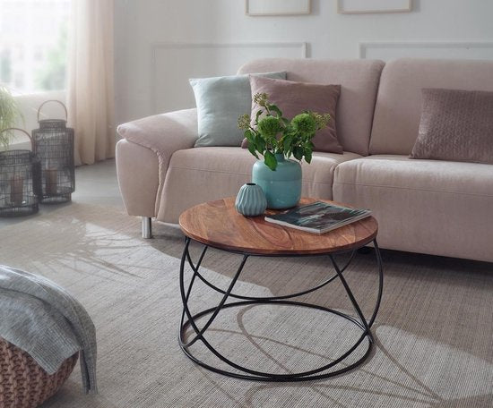 salontafel sheesham massief hout / metaal 60 x 40 x 60 cm | Salontafel rond massief bruin | Salontafel Moderne houten tafel | Tafel woonkamer industrieel