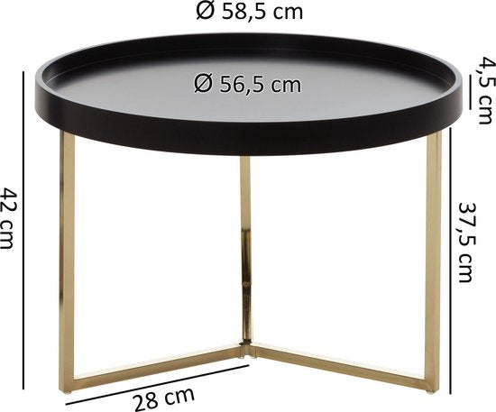 Salontafel EVA 58,5x42x58,5cm zwart / goud salontafel metaal rond | Design retro salontafel modern | Kleine loungetafel met metalen frame | Ronde dienbladlijst met houten plaat