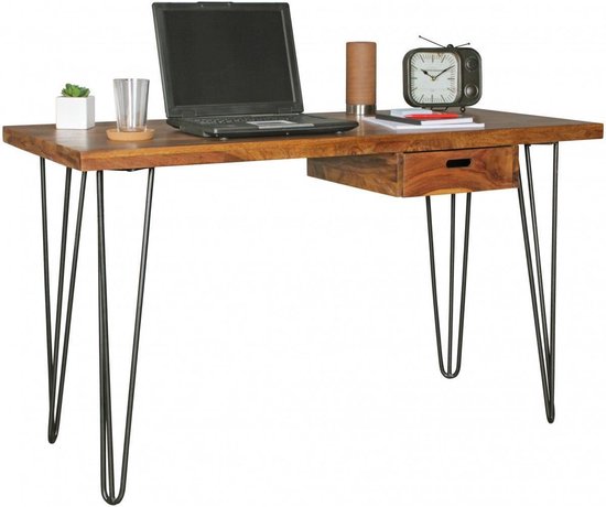 bureau Bagli bruin 130 x 60 x 76 cm massief houten laptop tafel Sheesham Nature | Landelijke stijl werktafel met plank | Kantoor tafel Pc-tafel