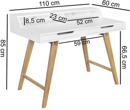 bureau SKANDI 110 x 85 x 60 cm MDF hout Scandinavische wit mat werktafel | Ontwerp Laptop tafel met kabelaansluiting | Office tafel met eiken poten