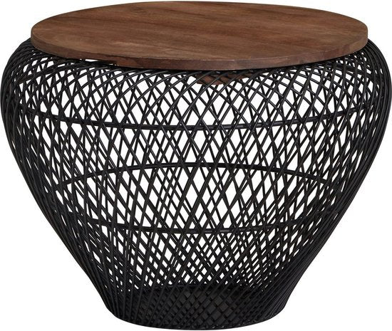 Coffee Table Metal and Solid Mango Wood 60x60x45 cm Black Coffee Table | Round Living Room Table Modern with Storage | Small Side Table Living Room Table