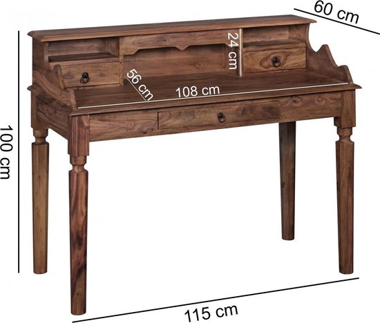 bureau KADA massief hout Sheesham | Secretaresse 115 x 100 x 60 cm met 3 laden | Console tafel in landelijke stijl