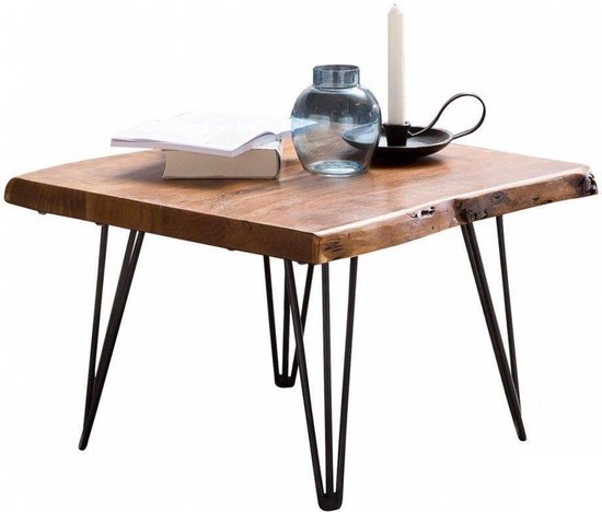 Design coffee table MAHILO solid wood table with Wane 56x38x51 cm | Sheesham wood table with metal legs | Living room table in a rustic, country style