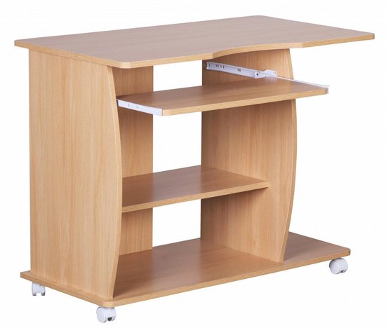 computertafel DIANA oprolbaar Beech 90 x 71 x 50 cm met toetsenbordplateau | Laptop tafel op wieltjes | Pc-tafel met ruimtebesparende printer tray | Bureau voor kleine ruimtes