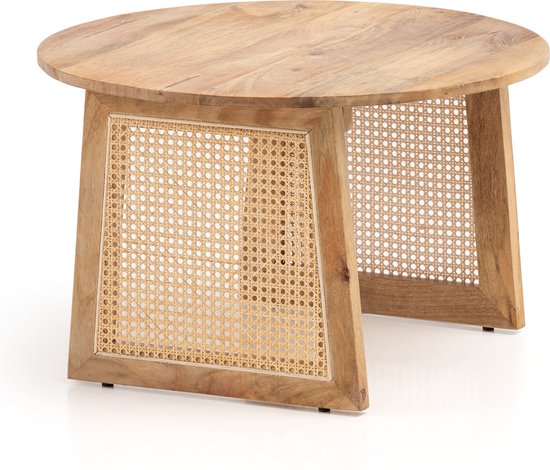 Salontafel 65x65x40 cm Mango Massief Hout / Rotan Bruin Banktafel Rond | Design woonkamertafel Weens vlechtwerk | Salontafel woonkamer modern