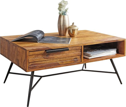 salontafel Nishan 87 x 41 x 55 cm Sheesham Wood | Ontwerp houten tafel met opbergruimte en lade | Massief houten salontafel IndustriÃ«le woonkamertafel met metalen poten