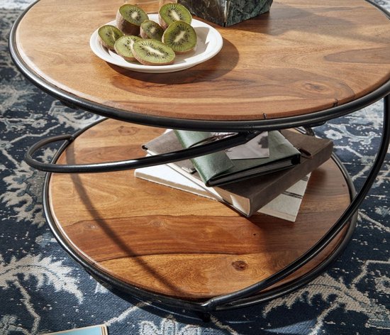 coffee table 58x58x35 cm solid sheesham wood / metal coffee table round | Designer coffee table solid | Small side table living room modern with storage