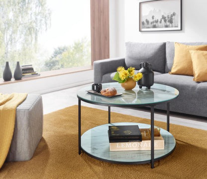 Koffietafel Glazen en Metaal 80x80x45 cm met Marmer Look Wit / Zwart | Ronde Salontafel | Tafel Woonkamer Moderne met Opbergruimte | Lage Bijzettafel Woonkamertafel