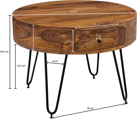 tafel Sheesham massief hout / metaal 60x44.5x60 cm tafel woonkamer | Design bijzettafeltje met laden Kleine salontafel rond bruin